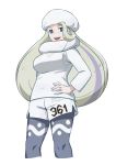  1girl blue_eyes commentary_request earrings gym_leader hand_on_hip hat hsin jewelry legwear_under_shorts long_hair melony_(pokemon) multicolored_hair number open_mouth pantyhose pokemon pokemon_(game) pokemon_swsh scarf shorts solo streaked_hair sweater teeth tongue white_background white_headwear white_scarf white_sweater 