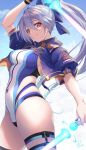  1girl bangs blue_bow blue_jacket blue_swimsuit blush bow breasts dual_wielding energy_sword fate/grand_order fate_(series) fukai_ryosuke hair_between_eyes hair_bow highleg highleg_swimsuit highres holding jacket large_breasts long_hair looking_at_viewer one-piece_swimsuit open_clothes open_jacket ponytail red_eyes short_sleeves silver_hair smile solo swimsuit sword thighs tomoe_gozen_(fate/grand_order) tomoe_gozen_(swimsuit_saber)_(fate) two-tone_swimsuit weapon white_swimsuit 