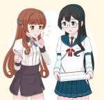  2girls american_flag_neckwear bangs black_hair blue_eyes blue_hairband blue_sailor_collar blunt_bangs brown_hair clipboard geometrie glasses hairband headgear helena_(kantai_collection) highres hip_vent holding holding_clipboard holding_pen index_finger_raised kantai_collection long_hair multiple_girls neck_ribbon necktie ooyodo_(kantai_collection) open_mouth pen pleated_skirt red_neckwear ribbon sailor_collar school_uniform serafuku simple_background skirt two-tone_background yellow_eyes 