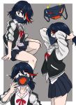  1girl alternate_costume alternate_hairstyle bangs black_hair black_jacket border centinel303 commentary eyebrows_visible_through_hair from_side grey_background hand_up hands_up invisible_chair jacket kill_la_kill looking_at_viewer mask matoi_ryuuko mouth_mask multicolored_hair multiple_views pleated_skirt senketsu short_hair sitting skirt white_border white_jacket 