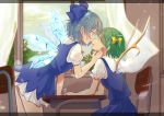  2girls absurdres arm_rest arm_up blue_dress blue_eyes blue_hair blue_skirt blue_vest blurry blurry_background bow chair chizoku_sawa cirno classroom cloud commentary_request cowboy_shot curtains daiyousei day desk dress eye_contact eyebrows_visible_through_hair fairy_wings from_side green_hair hair_bow hand_on_another&#039;s_face highres indoors leaning_forward looking_at_another multiple_girls one_side_up parted_lips pinafore_dress puffy_short_sleeves puffy_sleeves saliva saliva_trail school_desk shirt short_dress short_hair short_sleeves sitting skirt standing tongue tongue_out touhou vest white_shirt window wings yuri 
