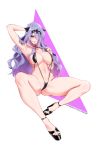  1girl arm_behind_head arm_up armpits bangs bare_shoulders black_swimsuit blush breasts camilla_(fire_emblem) cleavage collarbone fire_emblem fire_emblem_fates hair_over_one_eye highres large_breasts legs long_hair looking_at_viewer navel purple_eyes purple_hair slingshot_swimsuit smile swimsuit tiara toenail_polish tofuubear wavy_hair 
