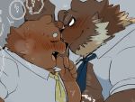 2020 anthro anthro_on_anthro belly black_nose blush brown_body brown_fur clothing cute_fangs duo eyes_closed facial_hair fur hyaku_(artist) kemono male male/male mammal necktie overweight overweight_male shirt topwear ursid 