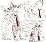  2020 anthro arctic_fox barefoot blush bottomwear canid canine clothed clothing dialogue disney duo eyewear female fox fully_clothed fur hi_res japanese_text looking_at_another male mammal memegmu monochrome necktie nick_wilde open_mouth open_smile pants red_fox shirt simple_background skye_(zootopia) smile speech_bubble standing sunglasses text topwear translation_request white_background zootopia 