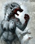  anthro blood blood_on_face bodily_fluids breasts dripping_blood ears_back fangs female feral fur grey_body grey_fur hibbary hyaenid mammal mane nipples open_mouth pivoted_ears spots 