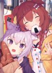  2girls :3 animal_ears bag bangs bone_hair_ornament braid bread brown_hair buttons cartoon_bone cat_girl choker collar croissant dog_ears dog_girl dress food food_in_mouth hair_between_eyes hair_ornament hairclip highres holding holding_bag hololive inugami_korone jacket karon long_hair low_twin_braids low_twintails mouth_hold multiple_girls nekomata_okayu off-shoulder_jacket onigiri purple_eyes purple_hair short_hair sweatdrop twin_braids twintails virtual_youtuber w white_dress yellow_jacket yuri 