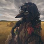  anthro avian beak bird black_beak black_body black_feathers black_hair blue_eyes clothed clothing cloud cloudy corvid corvus_(genus) feathers female field fully_clothed hair hay hay_bale hi_res jackdaw lldelphin oscine outside passerine shawl solo tayan54 