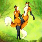  anthro big_butt breasts butt canid canine cassielink curvaceous curvy_figure duo female fox grass looking_at_viewer mammal nature navel red_fox tree voluptuous 