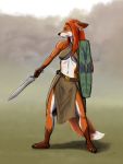  2020 3:4 anthro bra breasts canid canine celtic clothing female fizzymus fox grass hair holding_object holding_weapon kilt mammal melee_weapon plains red_eyes red_fox red_hair shield solo sword underwear warrior weapon 