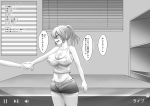  1girl bed blinders breasts cleavage covered_nipples greyscale hands highres holding_hands livestream monochrome navel original ponytail recording shelf shorts shounan_no_tamasu solo tank_top translation_request viewfinder volume_symbol window 