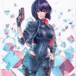  1girl bangs belt black_eyes black_gloves blue_pants breasts covered_navel cowboy_shot crack cube fingerless_gloves ghost_in_the_shell ghost_in_the_shell:_sac_2045 gloves gun holding holding_gun holding_weapon jacket kusanagi_motoko long_sleeves looking_at_viewer medium_breasts open_clothes open_jacket pants purple_hair rodrigo_yoshimiya short_hair solo tetrahedron traditional_media weapon 