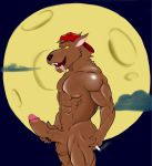  abs absurd_res anthro balls big_penis brown_body brown_fur canid canine cigarette clothing fur genitals gypsy_king_(artist) hat headgear headwear hi_res holding_penis huge_penis humanoid_genitalia humanoid_penis hyper hyper_genitalia hyper_penis male mammal moo moon muscular muscular_anthro muscular_male nude out penis simple_background smile smoking solo tongue vein were werecanid werecanine werewolf 