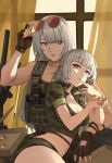  2girls ak-15_(girls_frontline) assault_rifle bangs blunt_bangs box bracelet breasts camouflage camouflage_shirt camouflage_shorts cleavage closed_mouth collared_shirt curtains defy_(girls_frontline) eyewear_on_head finger_to_mouth fingerless_gloves food girls_frontline gloves gun highres holding holding_eyewear jewelry large_breasts long_hair looking_to_the_side lying_on_person multiple_girls parted_lips pie purple_eyes rifle rpk-16_(girls_frontline) shirt short_hair short_shorts short_sleeves shorts silayloe silver_hair sitting vest weapon window 