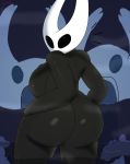  absurd_res anthro arachnid arthropod black_body black_eyes black_skin breasts butt dezmine21 female hands_on_hips hi_res hollow_knight hornet_(hollow_knight) looking_at_viewer mask non-mammal_breasts side_boob solo spider steam surprise team_cherry video_games water 