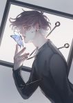  1boy black_shirt brown_hair bug butterfly closed_eyes ear_piercing earrings highres impaled insect jewelry long_sleeves male_focus needle original piercing sayuuhiro shirt simple_background solo stud_earrings upper_body 