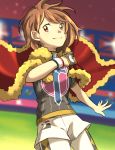  1girl brown_eyes brown_hair cape closed_mouth commentary_request dynamax_band fur-trimmed_cape fur_trim gloria_(pokemon) gloves grass hand_up looking_to_the_side matsuri_(matsuike) messy_hair pokemon pokemon_(game) pokemon_swsh red_cape shirt short_hair short_sleeves shorts single_glove smile solo spread_fingers stadium 