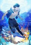  1boy air_bubble bubble copyright_name coral day earrings fish highres jacket jewelry male_focus male_swimwear necklace open_clothes open_jacket outdoors peili_(pixiv_fantasia_age_of_starlight) pixiv_fantasia pixiv_fantasia_age_of_starlight rezia sandals scar swim_trunks swimwear underwater wristband 