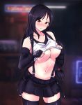  1girl bare_shoulders black_gloves black_hair black_legwear black_skirt blurry blurry_background blush breasts cowboy_shot crop_top depth_of_field elbow_gloves embarrassed final_fantasy final_fantasy_vii final_fantasy_vii_remake fingerless_gloves freshtango gloves highres large_breasts long_hair looking_at_viewer midriff miniskirt navel neon_lights no_bra nose_blush parted_lips pleated_skirt red_eyes shirt shirt_lift skirt sleeveless sleeveless_shirt solo standing stomach suspenders thighhighs tifa_lockhart underboob white_shirt zettai_ryouiki 