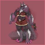  1:1 abs absurd_res anthro belt big_breasts border bottomwear breasts canid canine capcom chest_tuft claws clothing fanged_wyvern felid felyne female greasymojo hi_res humanoid hybrid larger_female long_tail lynian mammal monster_hunter muscular muscular_female palico red_border scales scalie shorts size_difference solo stygian_zinogre thick_tail tuft video_games zinogre 