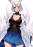  1girl absurdres animal_ear_fluff animal_ears azur_lane bangs blue_eyes blue_skirt blunt_bangs blush breasts cleavage closed_mouth collarbone commentary_request eyebrows_visible_through_hair fox_ears fox_girl fox_tail highres japanese_clothes kaga_(azur_lane) kimono large_breasts long_sleeves looking_at_viewer multiple_tails obi pleated_skirt sash short_hair simple_background skirt smile solo tail white_background white_hair white_kimono wide_sleeves yamanokami_eaka 