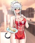  1girl apron bare_arms bare_shoulders blurry blush breasts cleavage closed_mouth clothes_writing collarbone cowboy_shot cream demon_girl demon_horns demon_tail depth_of_field embarrassed food food_on_breasts freshtango helltaker high_ponytail highres horns long_hair looking_at_viewer lucifer_(helltaker) medium_breasts mole mole_under_eye multiple_views naked_apron nose_blush pancake plate ponytail red_apron red_eyes sidelocks silver_hair tail thighs 