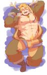  1boy abs absurdres alternate_costume antlers bara bell bell_collar blonde_hair blush bulge chest collar dragalia_lost erection erection_under_clothes gloves highres male_focus male_pubic_hair muscle naked_sweater navel nipples pectorals piikeisandaa pubic_hair reindeer_antlers rex_(dragalia_lost) shoes short_hair simple_background smile solo sweater thick_thighs thighs tight 