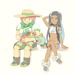  1boy 1girl armlet beige_headwear belly_chain bike_shorts blue_eyeshadow chewtle commentary_request crossed_legs dark_skin dynamax_band earrings eyeshadow flapple freckles gen_8_pokemon gloves green_eyes gym_leader hat holding holding_pokemon hoop_earrings jewelry long_hair makeup matsuri_(matsuike) midriff milo_(pokemon) multicolored_hair navel nessa_(pokemon) on_lap pink_hair pokemon pokemon_(creature) pokemon_(game) pokemon_on_lap pokemon_swsh sandals shirt short_sleeves shorts single_glove sitting sun_hat two-tone_hair 