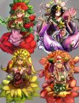  4girls ^_^ alraune black_hair blonde_hair breasts chirubime_princess_of_autumn_leaves clenched_hands closed_eyes closed_mouth commentary_request detached_sleeves duel_monster elbow_gloves facing_viewer fan flower gloves grey_background hair_ornament half-closed_eyes hand_on_hip hand_on_own_cheek hatano_kiyoshi highres holding holding_fan japanese_clothes long_hair looking_at_viewer marina_princess_of_sunflowers monster_girl multiple_girls orange_eyes pink_eyes plant_girl red_eyes simple_background smile talaya_princess_of_cherry_blossoms tytannial_princess_of_camellias wide_sleeves yuu-gi-ou 