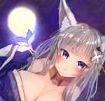  1girl animal_ear_fluff animal_ears artist_request azur_lane bare_shoulders blue_butterfly breasts cleavage dutch_angle eyebrows_visible_through_hair large_breasts looking_at_viewer moon purple_eyes shinano_(azur_lane) silver_hair solo 