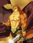  2017 abs anthro armor barbarian belt biceps big_muscles black_body black_scales bracers canid canine canis clothed clothing digital_media_(artwork) domestic_dog fur grael_(xxsparcoxx) hand_on_another&#039;s_head hi_res holding_object holding_sword holding_weapon loincloth male mammal melee_weapon muscular muscular_anthro muscular_male nipples orange_sky pecs scales skimpy sky solo sword tan_body tan_fur topless topless_male triceps vein warrior weapon xxsparcoxx 