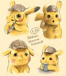  brown_eyes closed_mouth commentary_request copyright_name cup dated detective_pikachu detective_pikachu_(character) fur gen_1_pokemon grey_headwear hat holding holding_cup magnifying_glass matsuri_(matsuike) multiple_views no_humans open_mouth pikachu pokemon pokemon_(creature) surprised 