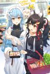  3girls absurdres ahoge animal_ear_fluff animal_ears bangs bare_shoulders basket black_hair black_shirt blue_coat blue_hair blurry blurry_background blush breasts coat commentary_request corn elf eyebrows_visible_through_hair flower food fox_ears fox_girl fur-trimmed_coat fur_trim hair_between_eyes hair_flower hair_ornament hairclip heart_ahoge highres holding holding_paper hololive hood hoodie indoors jewelry long_hair long_sleeves looking_at_viewer meat medium_breasts multicolored_hair multiple_girls necklace ookami_mio open_mouth paper pointing pointy_ears ponytail red_hair shirakami_fubuki shirt sidelocks sleeveless sleeveless_shirt triangle_mouth tsukino_(nakajimaseiki) two-tone_hair virtual_youtuber white_hair wolf_ears wolf_girl yellow_eyes yukihana_lamy 