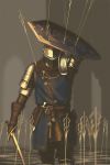  1boy arm_up armor arrow_(projectile) belt belt_pouch blocking blurry blurry_background brown_gloves chain chainmail dagger dark_souls dark_souls_iii gloves helm helmet highres holding holding_sword holding_weapon male_focus pauldrons pouch scabbard sheath sheathed shield shoulder_armor skiba solo souls_(from_software) sword torn_clothes unsheathed walking weapon 