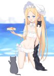  1girl :d abigail_williams_(fate/grand_order) abigail_williams_(swimsuit_foreigner)_(fate) absurdres animal animal_on_shoulder bangs bare_arms bare_shoulders bikini black_cat blonde_hair blue_eyes blurry blurry_background blush bonnet bow cat collarbone commentary_request day depth_of_field eyebrows_visible_through_hair fate/grand_order fate_(series) food forehead groin hair_bow highres holding holding_plate kneeling long_hair navel open_mouth pancake parted_bangs plate roido_(taniko-t-1218) smile solo stack_of_pancakes strapless strapless_bikini striped striped_bow swimsuit very_long_hair white_bow white_headwear 