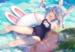  1girl :d animal_ears arm_up bangs bare_legs bare_shoulders blue_hair braid brat breasts bunny_ears carrot_hair_ornament eyebrows eyebrows_visible_through_hair food_themed_hair_ornament hair_ornament hand_over_eye hololive innertube multicolored_hair open_mouth orange_eyes plant school_swimsuit small_breasts smile solo swimsuit teeth twintails two-tone_hair usada_pekora v virtual_youtuber white_hair 