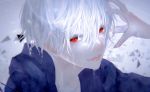  1boy absurdres bishounen dripping face hair_between_eyes highres looking_at_viewer male_focus open_mouth original pink_lips red_eyes shion_(reira) smile solo teeth tongue upper_body wet white_hair 