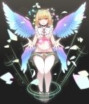  1boy bangs beatmania beatmania_iidx bemani black_background blonde_hair blunt_bangs commentary earrings eyes_visible_through_hair feathered_wings full_body highres jewelry kinakomoti light_smile lock looking_at_viewer male_focus medium_hair multicolored multicolored_wings multiple_wings otoko_no_ko outstretched_arms parted_lips rche_(beatmania) red_eyes red_nails short_shorts shorts simple_background sleeveless solo thighhighs white_legwear wings 