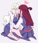  2girls blonde_hair blue_eyes blush brown_hair couple crying diana_cavendish heart highres kagari_atsuko kiss little_witch_academia long_hair looking_at_another luna_nova_school_uniform multicolored_hair multiple_girls school_uniform scream_lwa simple_background skirt surprised tears thighs two-tone_hair uniform wavy_hair yuri 