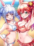  2girls ahoge animal_ear_fluff animal_ears arm_behind_head arm_up armpits asymmetrical_docking beach bell bikini blush braid breast_press breasts bunny_ears bunny_tail collarbone eyebrows_visible_through_hair frilled_bikini frills green_eyes hair_bell hair_ornament halterneck hand_on_hip highres hololive large_breasts long_hair looking_at_viewer medium_breasts multiple_girls navel nootomo open_mouth red_bikini red_hair sakura_miko sand side-tie_bikini smile swimsuit tail teeth thick_eyebrows twin_braids upper_teeth usada_pekora virtual_youtuber white_bikini x_hair_ornament 