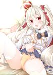  1girl absurdres ahoge azur_lane bed blonde_hair breasts commentary_request crown dress highres lifted_by_self looking_at_viewer open_mouth orange_panties origami_aya panties ponytail red_eyes signature small_breasts solo spread_legs thighhighs underwear valiant_(azur_lane) white_background white_legwear 