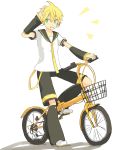  /\/\/\ 1boy aqua_eyes arm_warmers bicycle bicycle_basket black_collar black_shorts black_sleeves blonde_hair collar commentary d_futagosaikyou full_body grin ground_vehicle hand_up headphones highres kagamine_len kagamine_len_(append) leg_warmers male_focus necktie riding_bicycle sailor_collar salute school_uniform shadow shirt short_sleeves shorts smile vocaloid vocaloid_append wheel white_background white_footwear white_shirt yellow_neckwear 