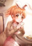  1girl :o abe_nana animal_ears arm_support breasts brown_coat brown_eyes brown_hair bunny_ears cake coat collarbone cup dress eyebrows_visible_through_hair fake_animal_ears food headband highres idolmaster idolmaster_cinderella_girls idolmaster_cinderella_girls_starlight_stage j2l jewelry large_breasts long_sleeves looking_at_viewer necklace open_mouth pearl_necklace pink_dress ponytail restaurant short_hair sidelocks sitting solo teacup trench_coat window 