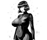  1girl amazon_(taitaitaira) breasts covered_navel covered_nipples dress fubuki_(one-punch_man) greyscale highres large_breasts monochrome one-punch_man open_mouth short_hair simple_background solo teeth white_background 