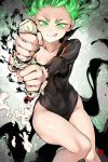  1girl black_dress bottle breasts covered_navel dress glowing glowing_eyes green_eyes green_hair highres looking_at_object one-punch_man robot_cat short_hair side_slit small_breasts solo squeeze_bottle squeezing tatsumaki telekinesis thighs tongue tongue_out veins 