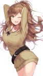  1girl :d ;d arms_up bang_dream! bangs belt black_belt blush breasts brown_hair brown_sweater collarbone commentary_request cowboy_shot eyebrows_visible_through_hair green_eyes high_ponytail highres imai_lisa jewelry kurai_masaru large_breasts long_hair long_sleeves looking_at_viewer necklace one_eye_closed open_mouth ponytail ribbed_sweater simple_background smile solo sweater white_background 