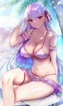  1girl absurdres akebono_kt bangs bare_shoulders bikini blush breasts cleavage crossed_legs earrings eyebrows_visible_through_hair fate/grand_order fate_(series) frilled_bikini frills hair_ribbon highres jewelry kama_(fate/grand_order) large_breasts long_hair looking_at_viewer navel parted_lips red_eyes ribbon silver_hair smile solo stomach swimsuit thighs 