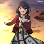  1girl bangs blue_hair blush braid cardigan cloud cowboy_shot dress hair_between_eyes hair_bobbles hair_ornament hairclip idolmaster idolmaster_shiny_colors long_sleeves low_twin_braids medium_hair morino_rinze open_cardigan open_clothes open_mouth orange_sky outdoors red_cardigan red_eyes sky smile solo star_(sky) starry_sky sunset torinabe twin_braids twitter_username white_dress 