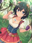  1girl :d absurdres artist_name bangs black_hair blue_eyes breasts cleavage collarbone commentary day dutch_angle flower food fruit grapes greater_lophorina_(kemono_friends) hair_between_eyes hair_flower hair_ornament head_wings highres holding jewelry kemono_friends kemono_friends_3 light_rays looking_at_viewer medium_breasts open_mouth outdoors pendant puffy_short_sleeves puffy_sleeves shiraha_maru short_hair short_sleeves smile solo underbust 