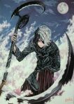  1boy black_hair blue_sky closed_mouth cloud cloudy_sky death_(entity) eyepatch grim_reaper highres holding holding_scythe holding_weapon hoshizaki_reita jpeg_artifacts male_focus moon multicolored multicolored_hair one_knee original outdoors scythe shinigami signature sky smile solo traditional_media weapon white_hair 