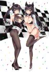  2girls animal_ears asymmetrical_docking atago_(azur_lane) atago_(stunning_speedster)_(azur_lane) azur_lane bikini black_bikini black_footwear black_hair black_legwear blurry bodystocking bow breast_press breasts brown_eyes checkered checkered_flag cleavage_cutout commentary_request confetti depth_of_field elbow_gloves extra_ears fingerless_gloves flag full_body gloves hair_bow hair_flaps hair_ornament high_heels highres himei_asana large_breasts long_hair looking_at_viewer multiple_girls pantyhose ponytail race_queen ribbon shrug_(clothing) simple_background standing swimsuit takao_(azur_lane) takao_(full_throttle_charmer)_(azur_lane) two-tone_bikini two-tone_leotard white_background white_bow white_footwear white_gloves white_ribbon wolf_ears 